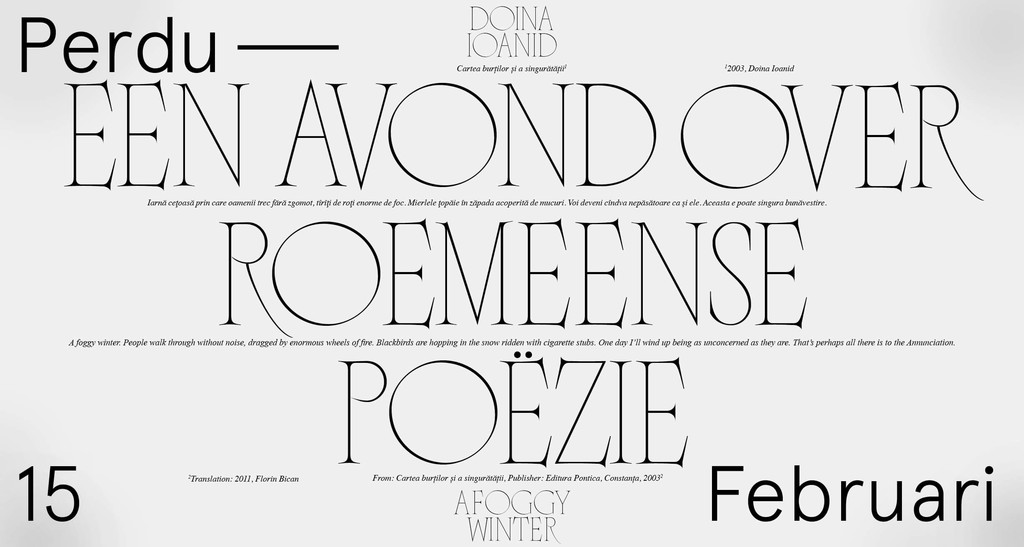 A digital banner designed by Mateo Broillet using his typeface Nero Condensed. “Perdu Invites: Twee Roemeense dichters”, 2019 - © Swiss Design Awards Blog