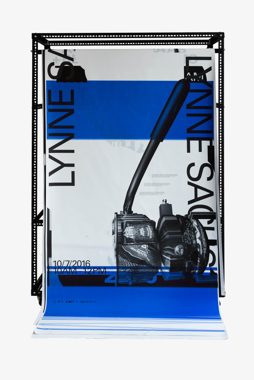 Ben Ganz’s Yale DMCA Visiting Artists poster (2016). Produced with a modified printer and hung on a metallic structure - © Photograph: Ben Ganz, Swiss Design Awards Blog