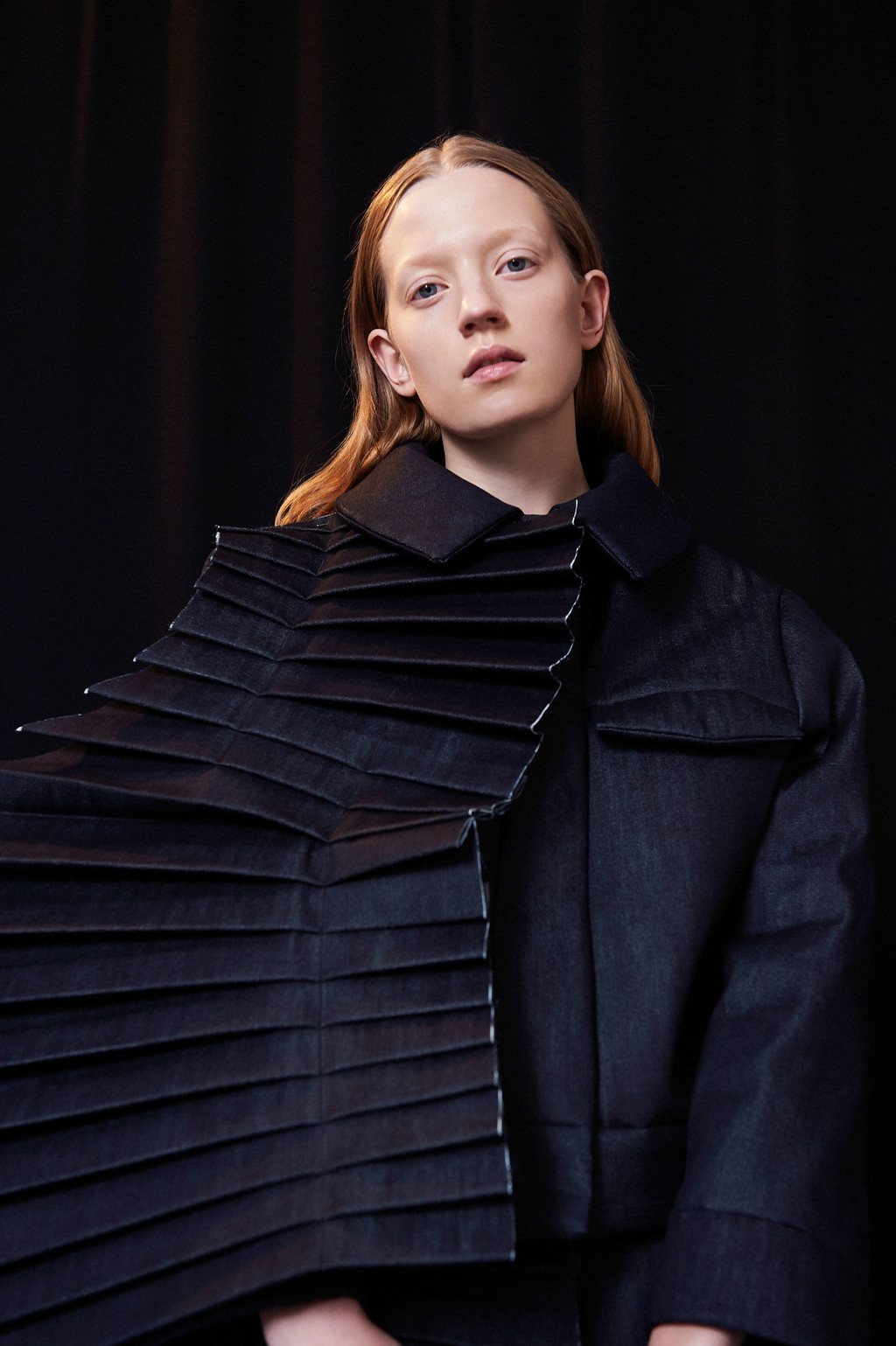 Fan Pleat Denim Panel for Jacket, a piece from Eliane Heutschi’s AW18 collection, “Knife Pleats”, developed for her own brand [savoar fer] - © Swiss Design Awards Blog
