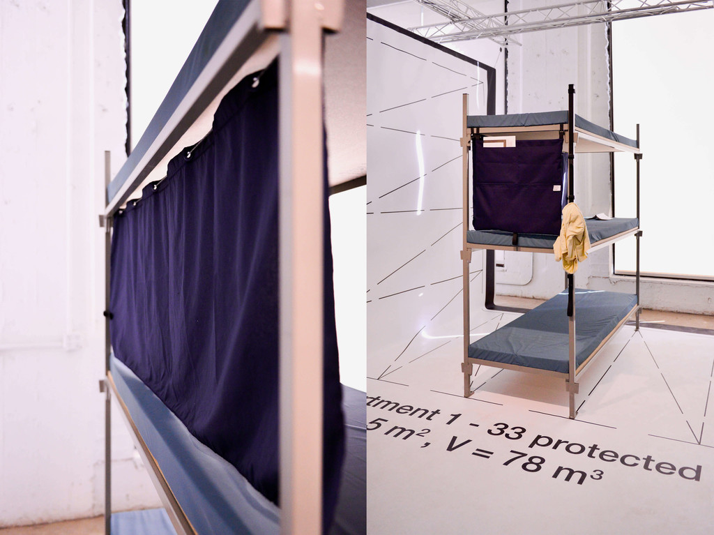 Iskander Guetta, “Abri+” curtain and bunk bed view with objects installed. - © Swiss Design Awards Blog